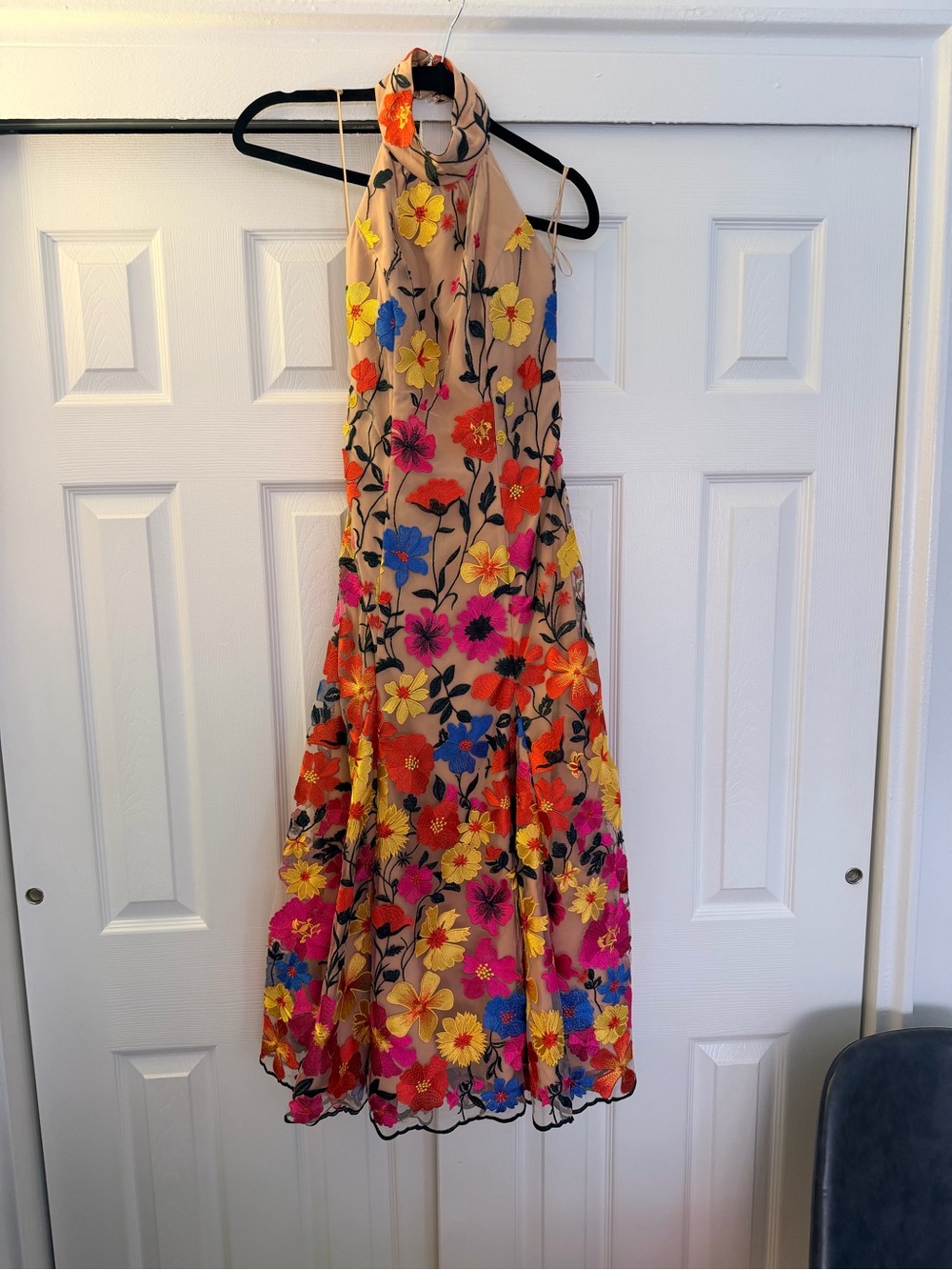 Floral Halter Maxi Dress in Beige with Bright Multicolor Flowers